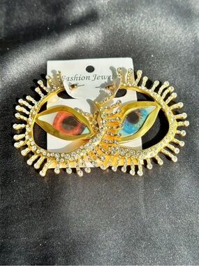 2.5” Gold-Tone Hoop Earrings with Blue & Brown Eye Accents (Post Backs)